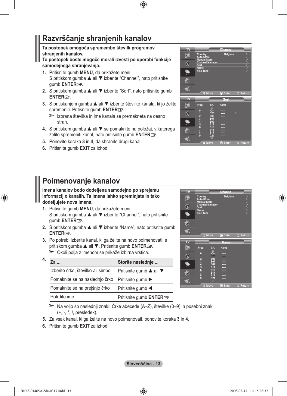 Razvrščanje shranjenih kanalov, Poimenovanje kanalov | Samsung LE32A431T2 User Manual | Page 479 / 509
