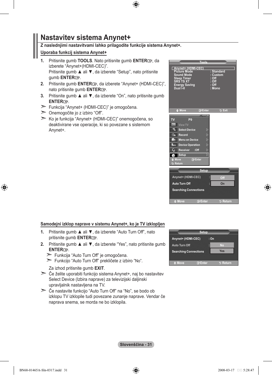 Nastavitev sistema anynet | Samsung LE32A431T2 User Manual | Page 497 / 509