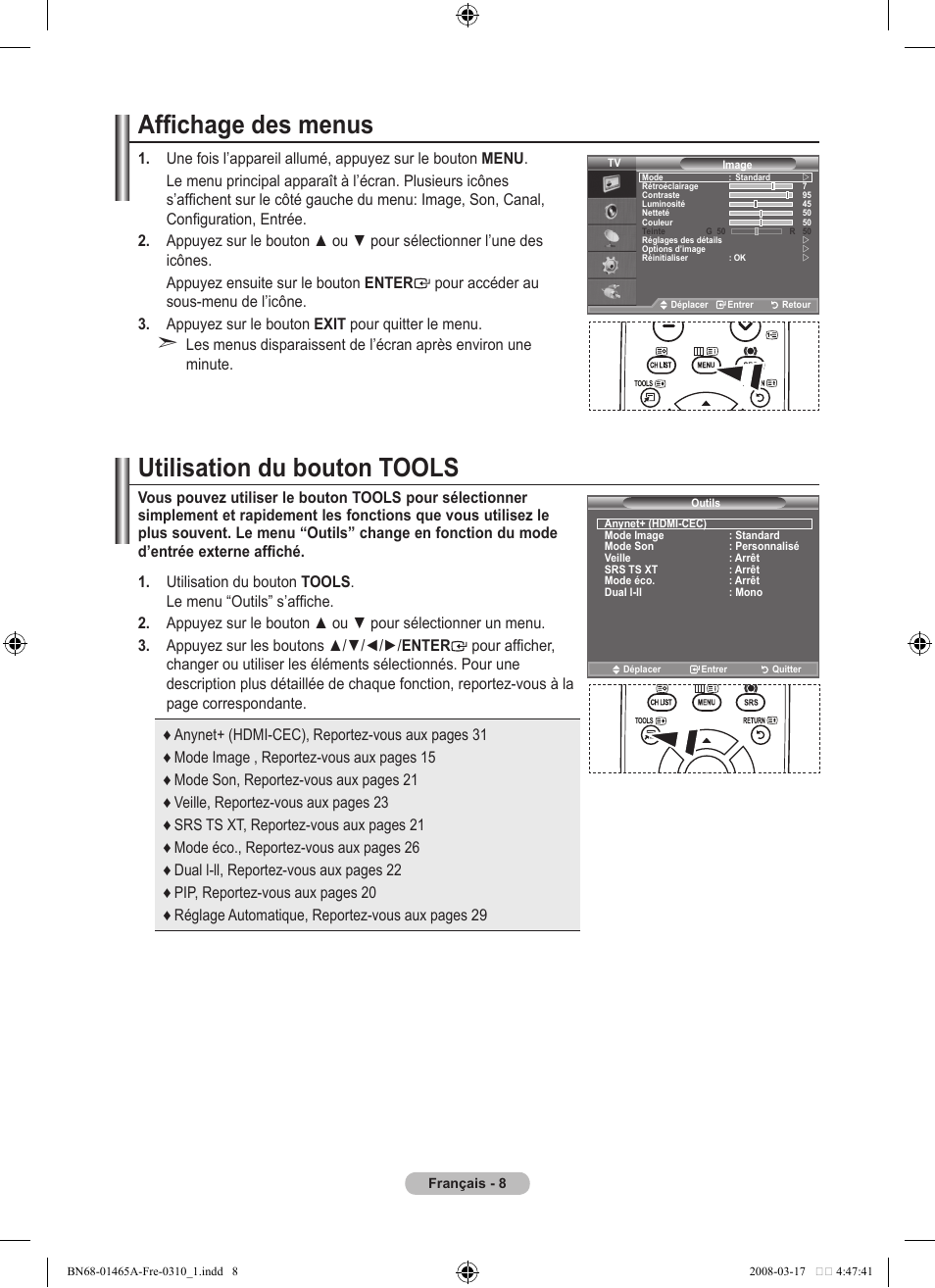 Affichage des menus, Utilisation du bouton tools | Samsung LE32A431T2 User Manual | Page 52 / 509