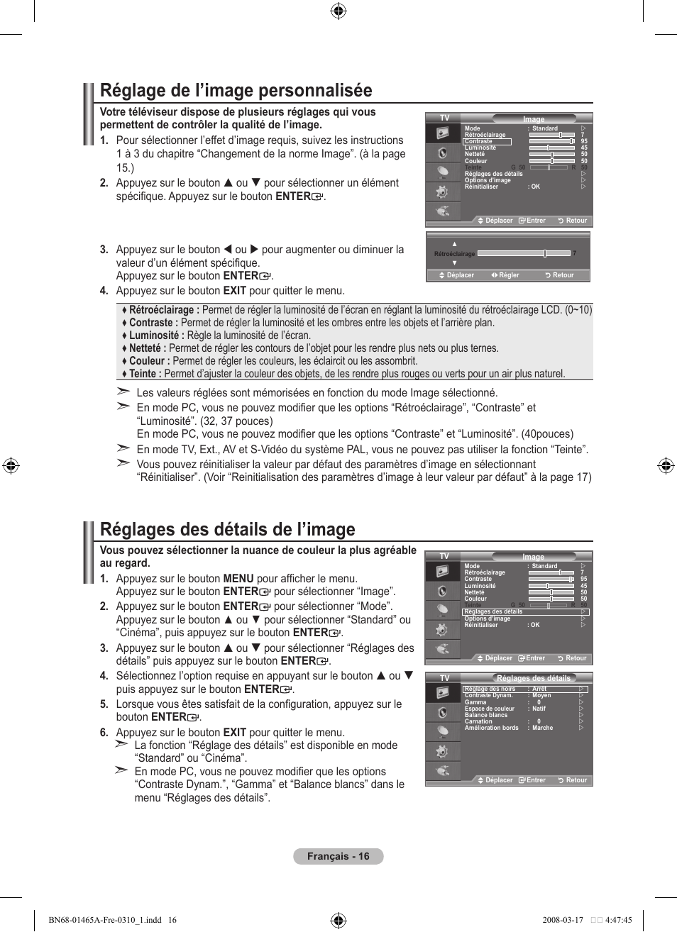 Réglage de l’image personnalisée, Réglages des détails de l’image | Samsung LE32A431T2 User Manual | Page 60 / 509