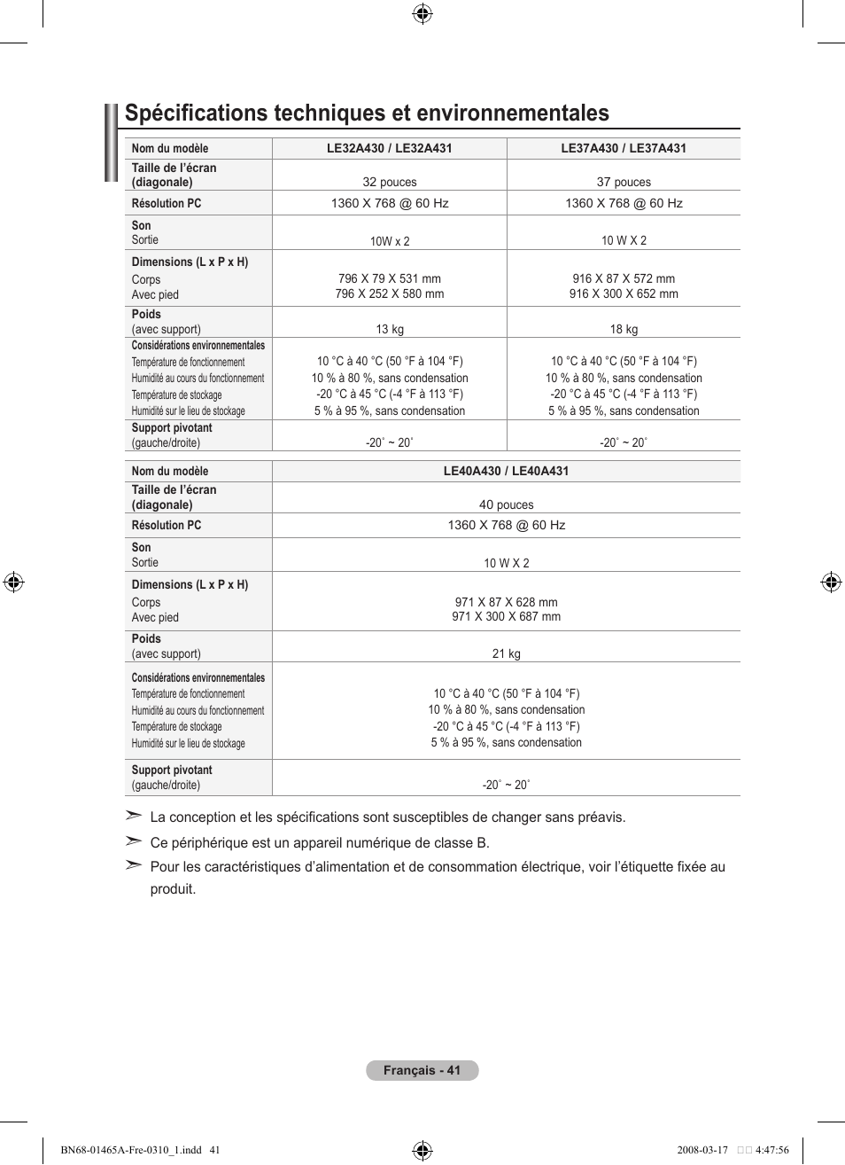 Spécifications techniques et environnementales | Samsung LE32A431T2 User Manual | Page 85 / 509
