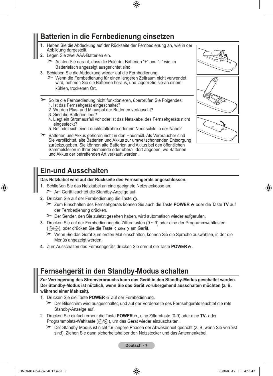 Batterien in die fernbedienung einsetzen, Ein-und ausschalten, Fernsehgerät in den standby-modus schalten | Samsung LE32A431T2 User Manual | Page 93 / 509