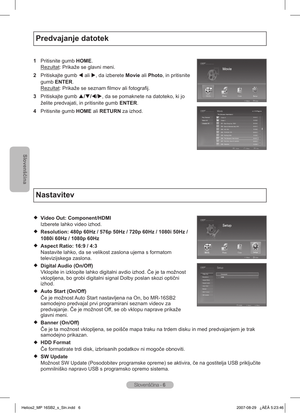 Predvajanje datotek, Nastavitev | Samsung MR-16SB2 User Manual | Page 102 / 151