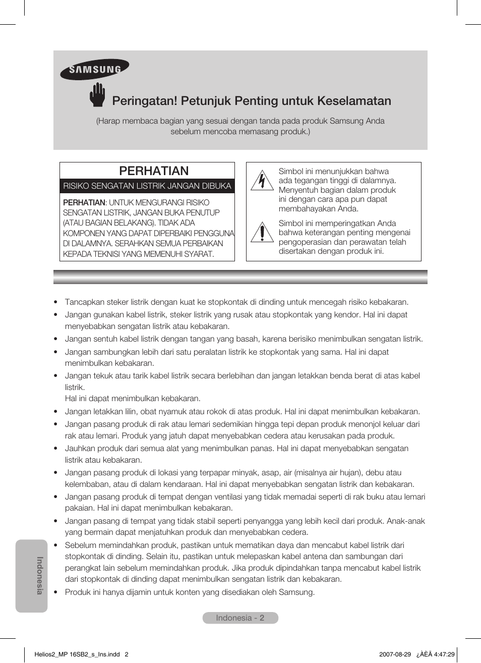 Indonesia, Peringatan! petunjuk penting untuk keselamatan, Perhatian | Samsung MR-16SB2 User Manual | Page 122 / 151