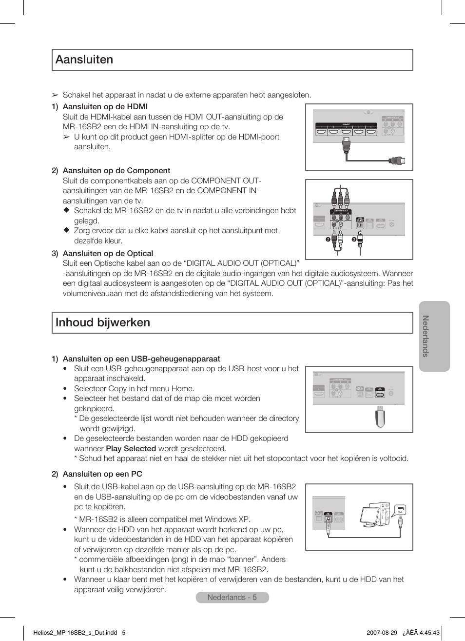 Aansluiten, Inhoud bijwerken | Samsung MR-16SB2 User Manual | Page 65 / 151