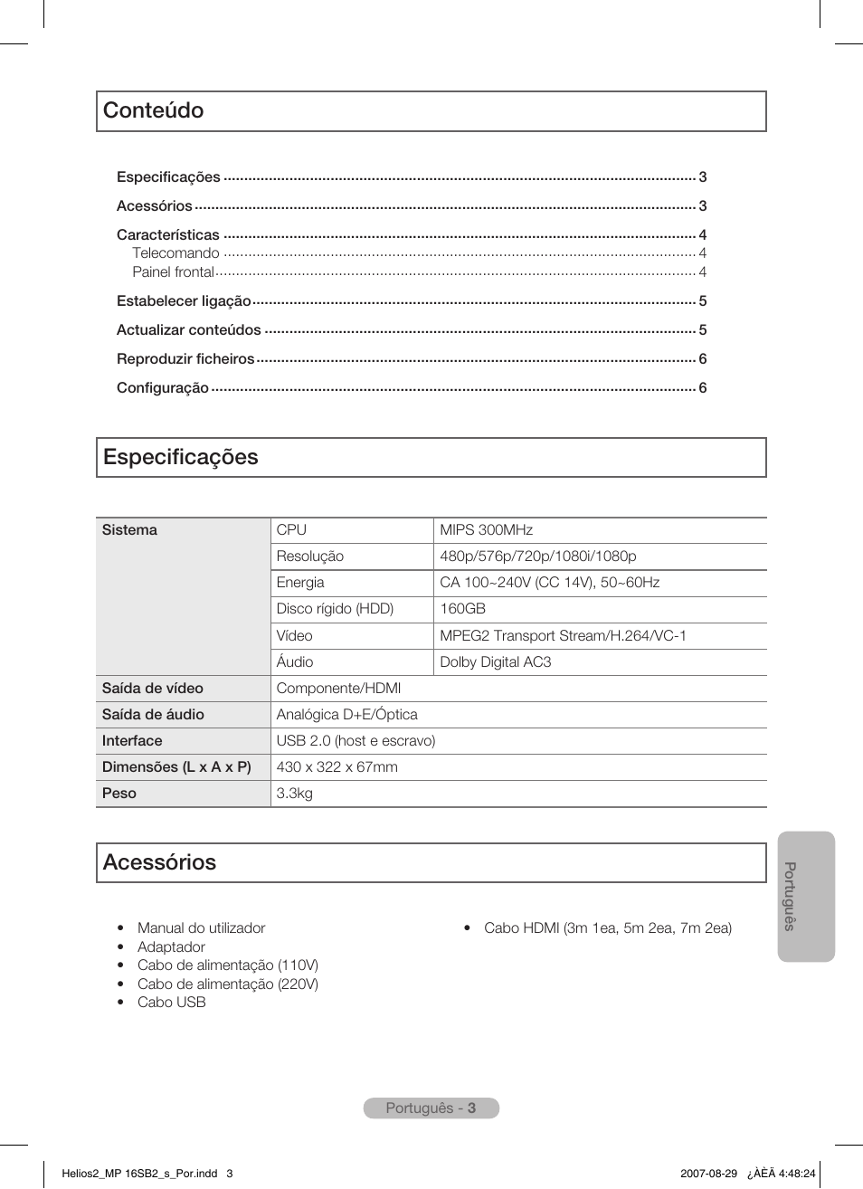Conteúdo especificações, Acessórios | Samsung MR-16SB2 User Manual | Page 75 / 151