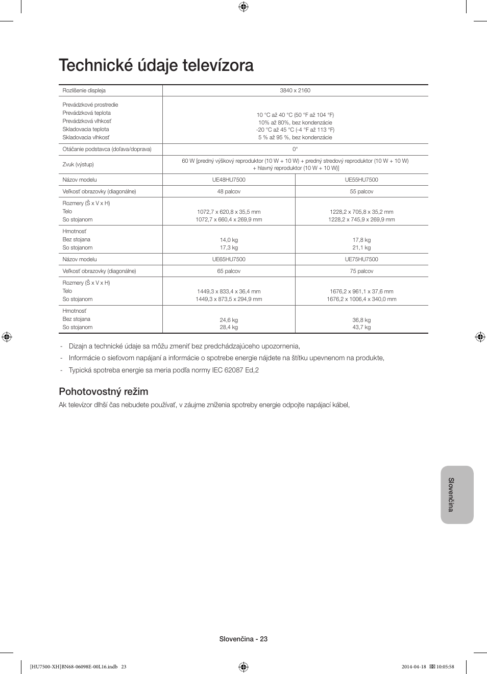 Technické údaje televízora, Pohotovostný režim | Samsung UE55HU7500L User Manual | Page 191 / 385