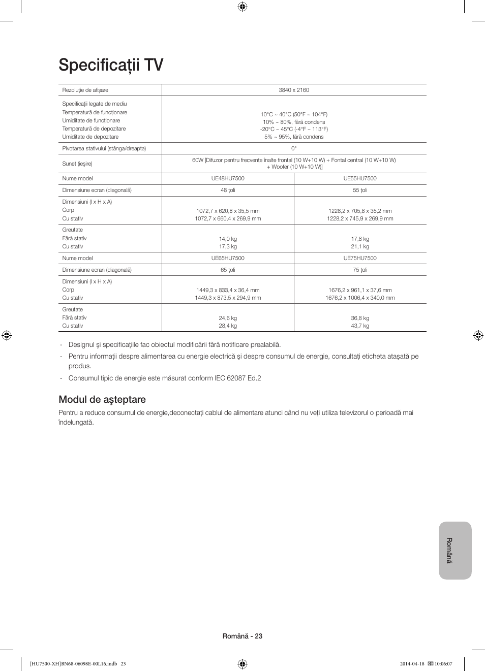 Specificaţii tv, Modul de aşteptare | Samsung UE55HU7500L User Manual | Page 215 / 385