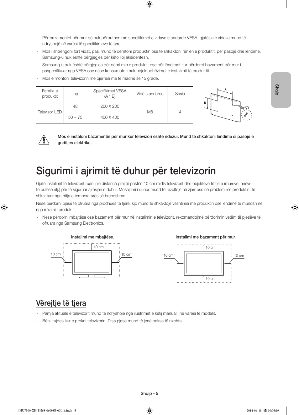 Sigurimi i ajrimit të duhur për televizorin, Vërejtje të tjera | Samsung UE55HU7500L User Manual | Page 245 / 385