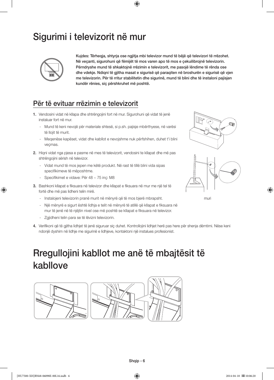 Sigurimi i televizorit në mur, Për të evituar rrëzimin e televizorit | Samsung UE55HU7500L User Manual | Page 246 / 385