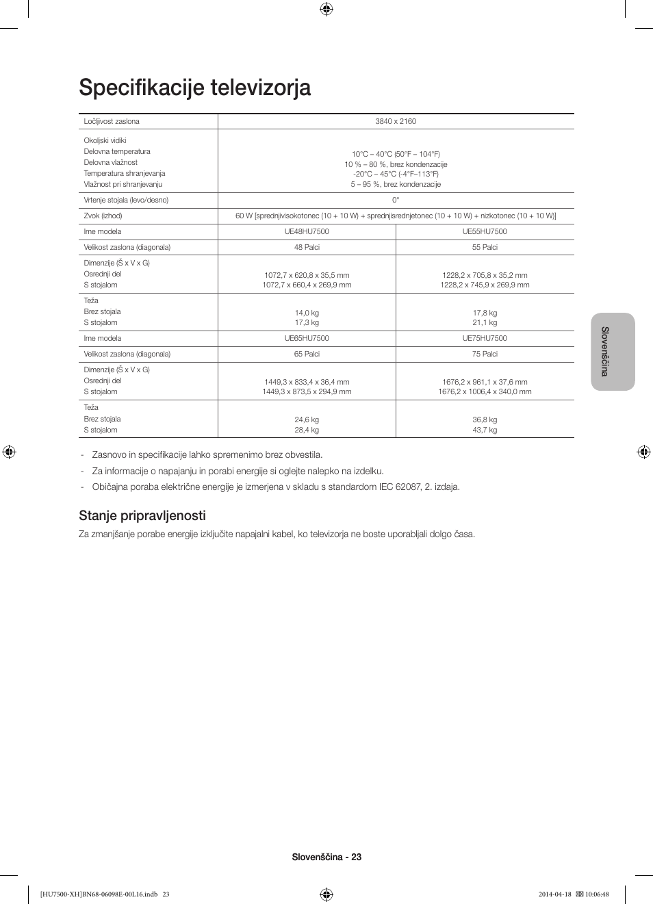 Specifikacije televizorja, Stanje pripravljenosti | Samsung UE55HU7500L User Manual | Page 311 / 385