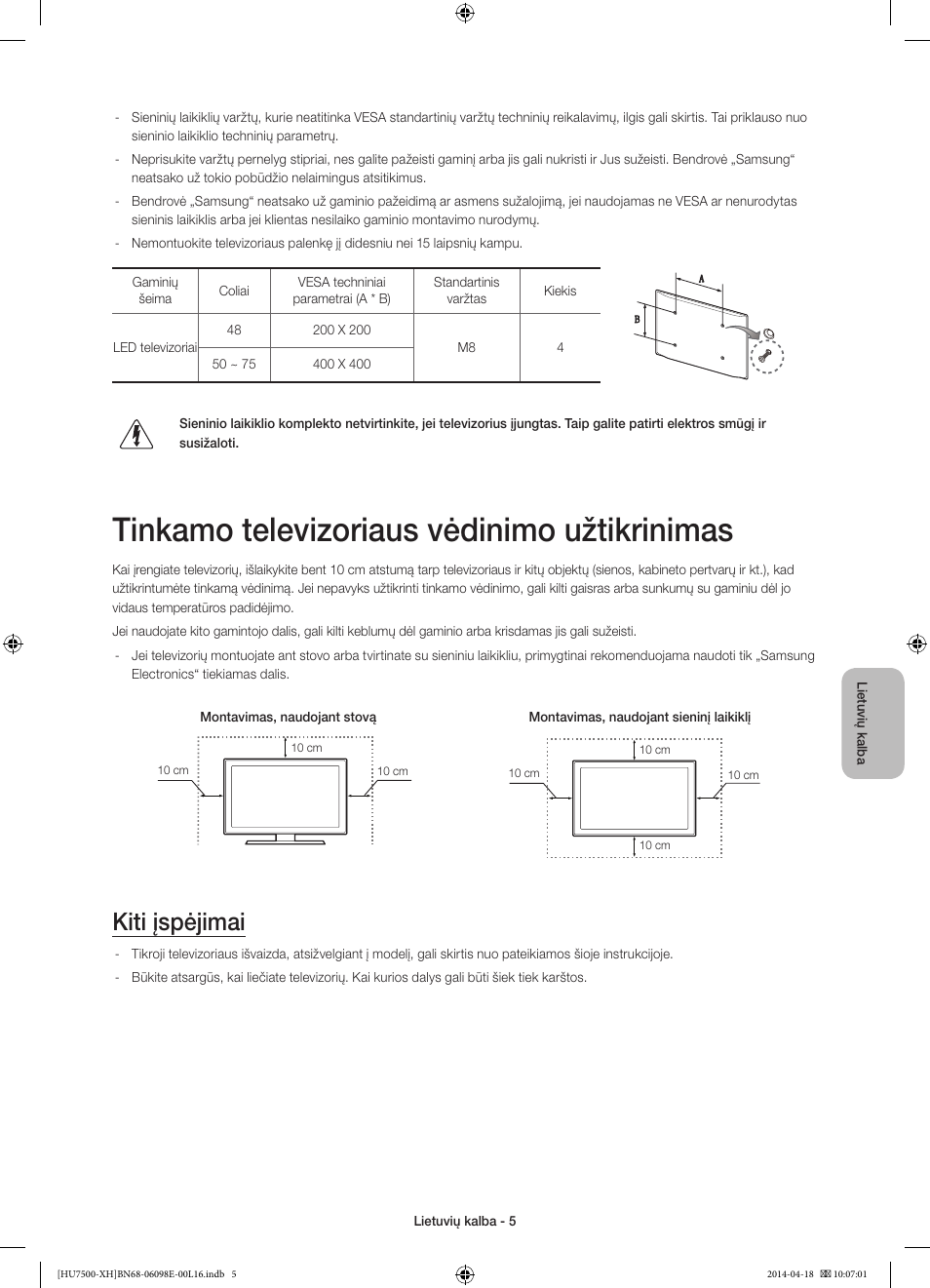 Tinkamo televizoriaus vėdinimo užtikrinimas, Kiti įspėjimai | Samsung UE55HU7500L User Manual | Page 341 / 385