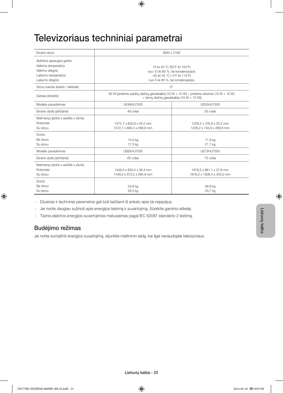 Televizoriaus techniniai parametrai, Budėjimo režimas | Samsung UE55HU7500L User Manual | Page 359 / 385