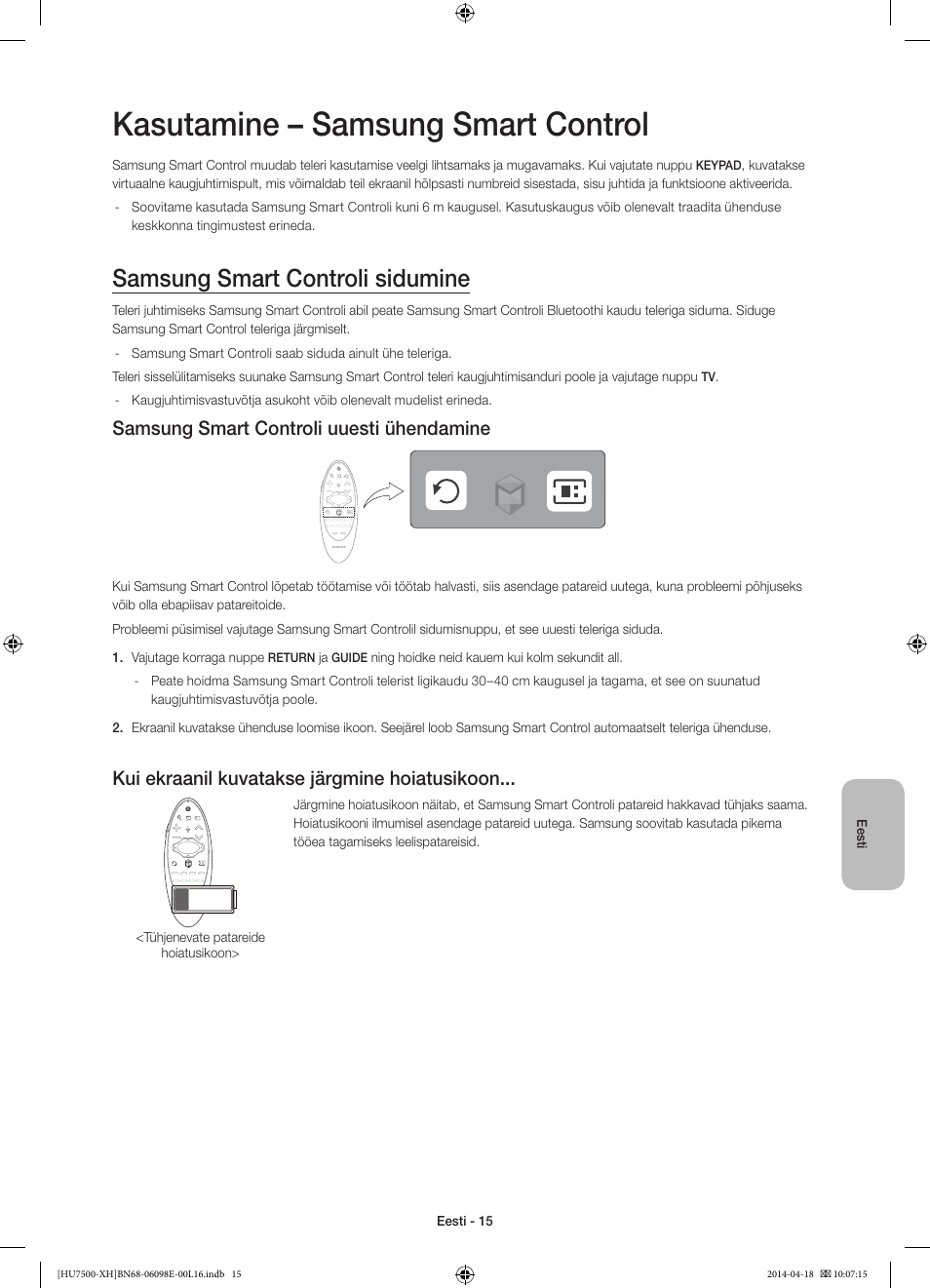 Kasutamine – samsung smart control, Samsung smart controli sidumine, Samsung smart controli uuesti ühendamine | Kui ekraanil kuvatakse järgmine hoiatusikoon | Samsung UE55HU7500L User Manual | Page 375 / 385