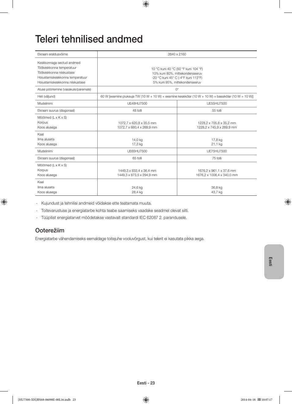 Teleri tehnilised andmed, Ooterežiim | Samsung UE55HU7500L User Manual | Page 383 / 385