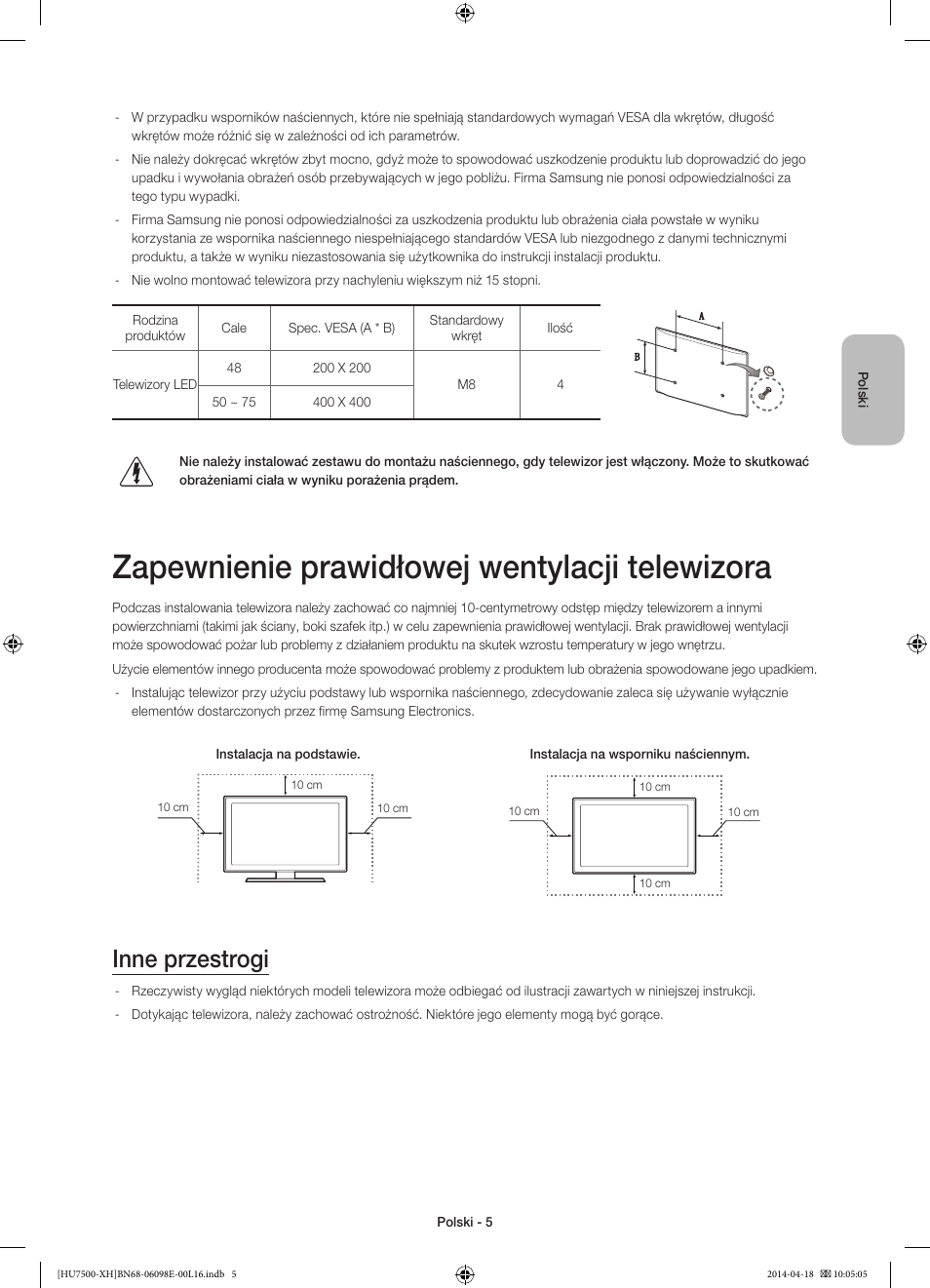 Zapewnienie prawidłowej wentylacji telewizora, Inne przestrogi | Samsung UE55HU7500L User Manual | Page 53 / 385