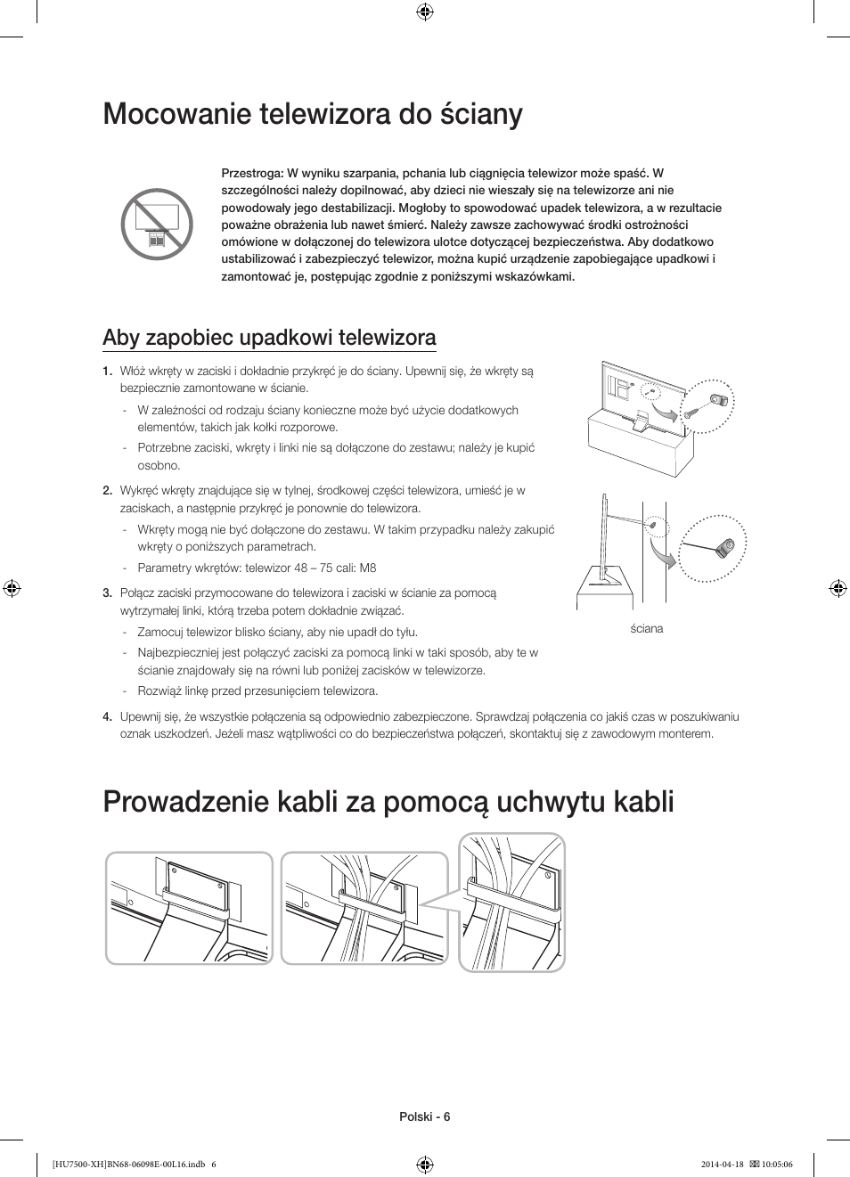 Mocowanie telewizora do ściany, Prowadzenie kabli za pomocą uchwytu kabli, Aby zapobiec upadkowi telewizora | Samsung UE55HU7500L User Manual | Page 54 / 385