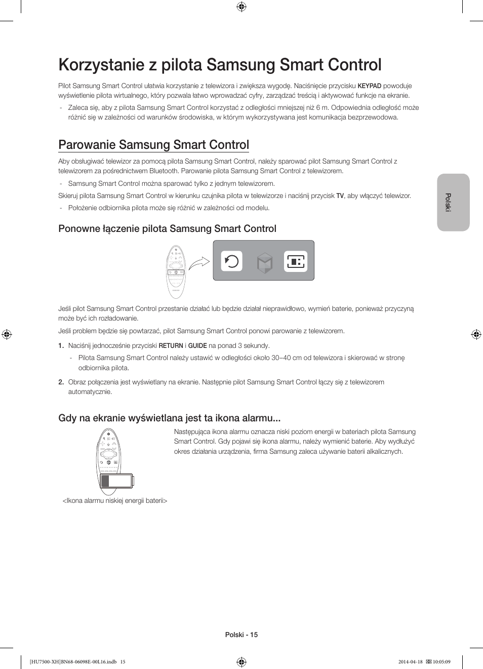 Korzystanie z pilota samsung smart control, Parowanie samsung smart control, Ponowne łączenie pilota samsung smart control | Gdy na ekranie wyświetlana jest ta ikona alarmu | Samsung UE55HU7500L User Manual | Page 63 / 385