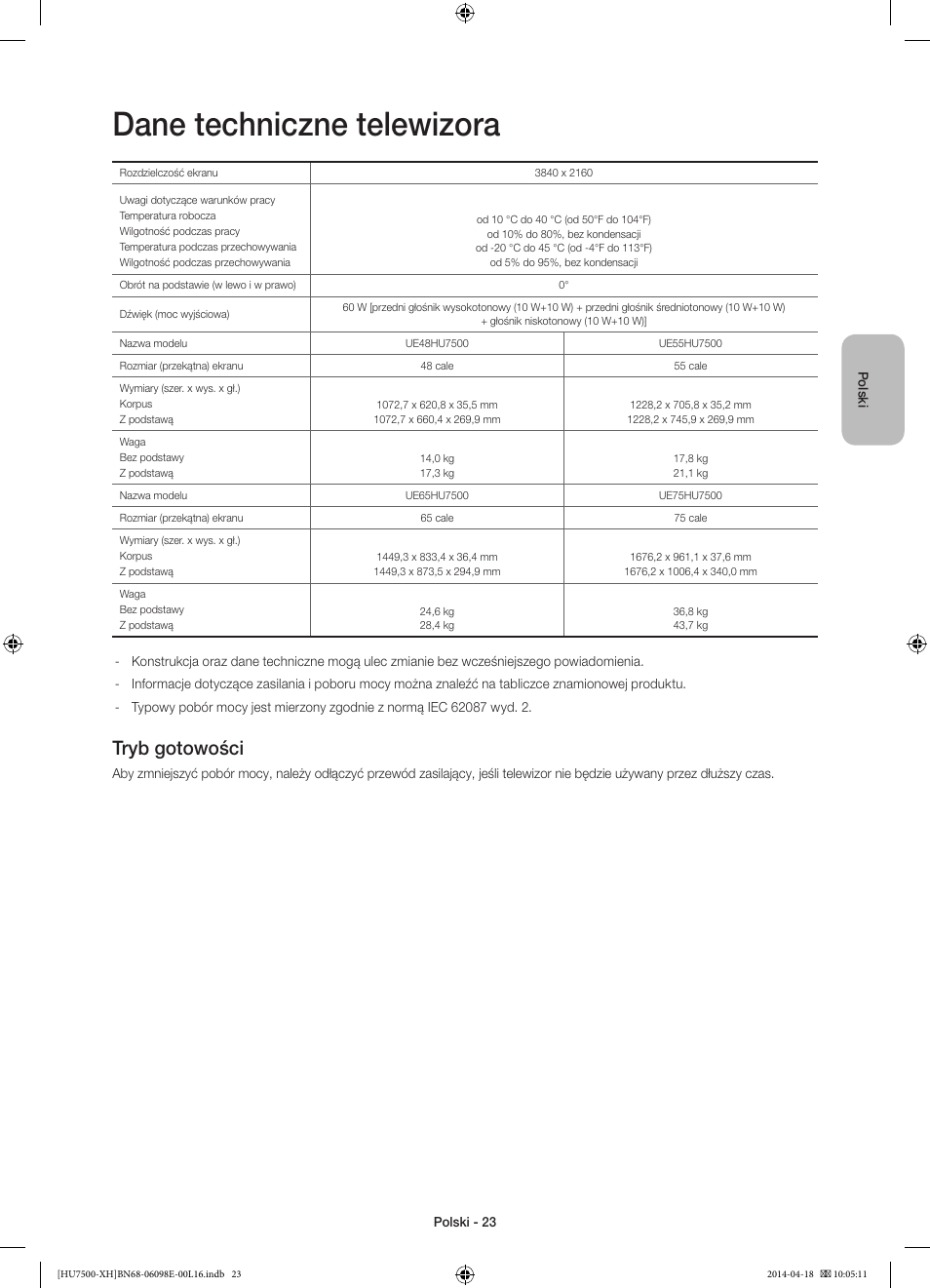 Dane techniczne telewizora, Tryb gotowości | Samsung UE55HU7500L User Manual | Page 71 / 385