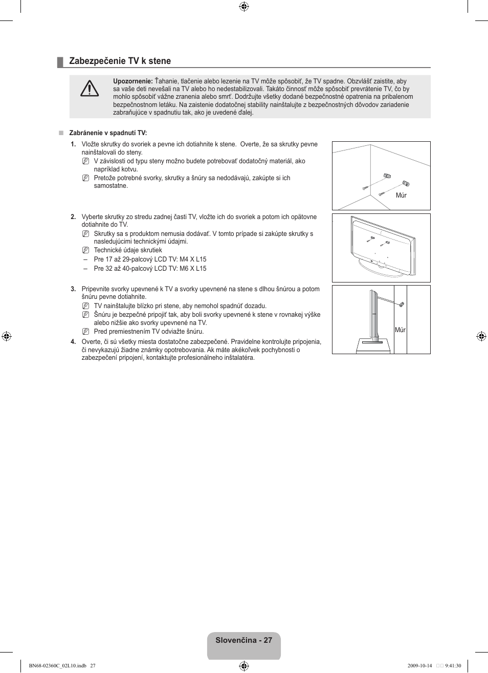 Zabezpečenie tv k stene | Samsung LE26B450C4W User Manual | Page 251 / 326
