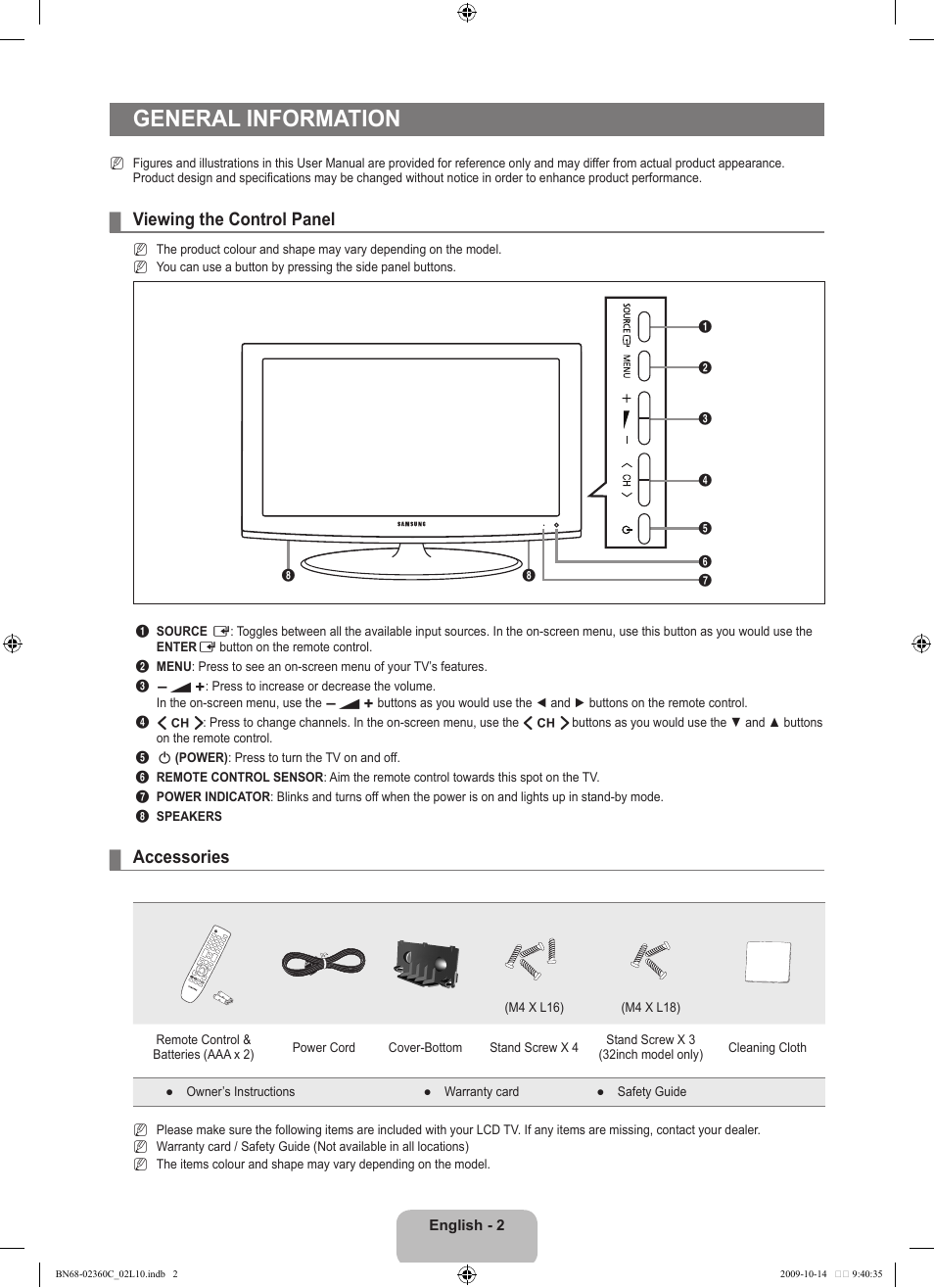General information, Viewing the control panel, Accessories | Samsung LE26B450C4W User Manual | Page 4 / 326