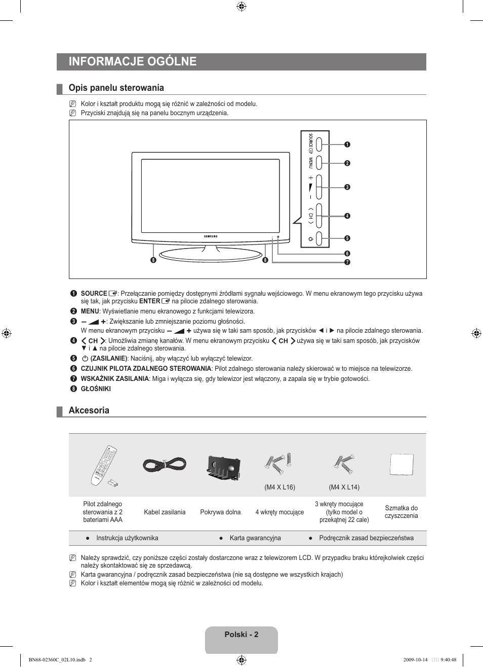 Informacje ogólne, Opis panelu sterowania, Akcesoria | Samsung LE26B450C4W User Manual | Page 66 / 326