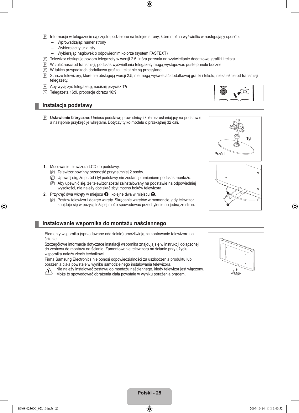 Instalacja podstawy, Instalowanie wspornika do montażu naściennego | Samsung LE26B450C4W User Manual | Page 89 / 326