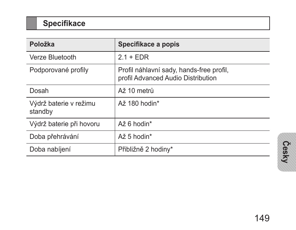 Specifikace | Samsung HM6450 User Manual | Page 151 / 191