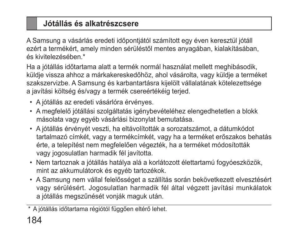 Jótállás és alkatrészcsere | Samsung HM6450 User Manual | Page 186 / 191