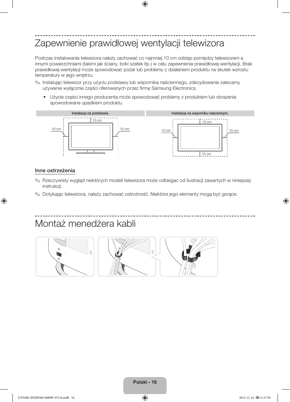 Zapewnienie prawidłowej wentylacji telewizora, Montaż menedżera kabli | Samsung UE22F5410AW User Manual | Page 52 / 289
