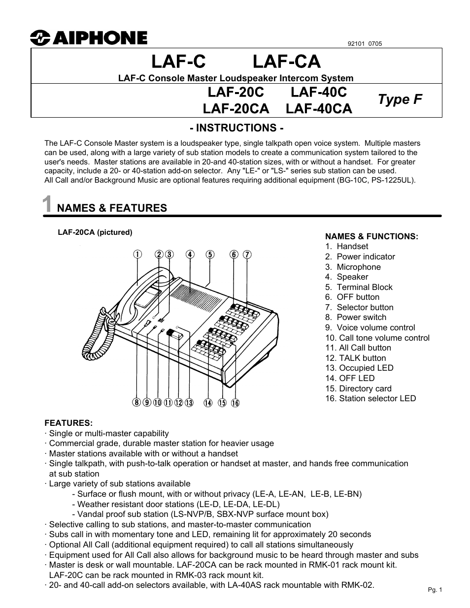 Aiphone LAF-C CONSOLE MASTER LAF-20CA User Manual | 8 pages