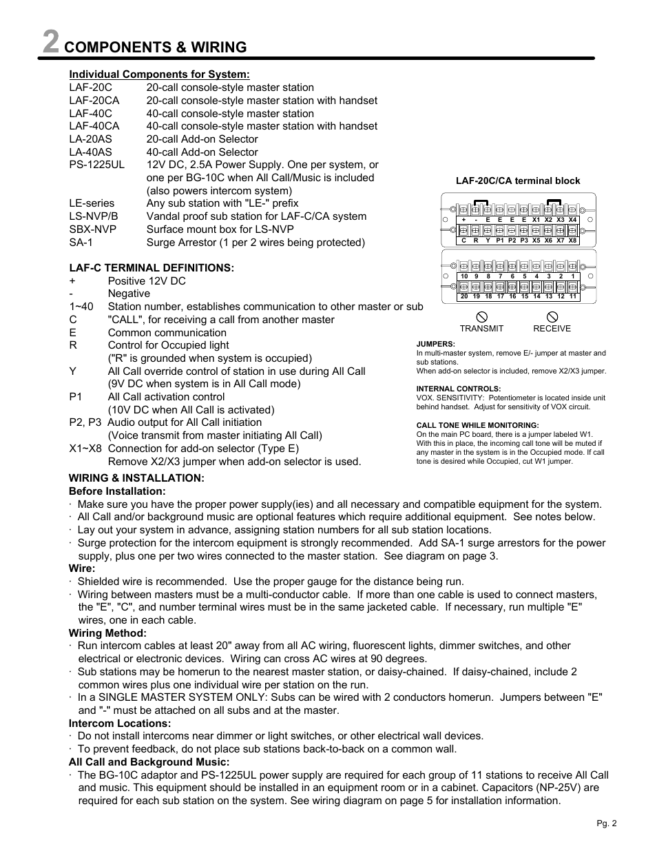 Components & wiring | Aiphone LAF-C CONSOLE MASTER LAF-20CA User Manual | Page 2 / 8