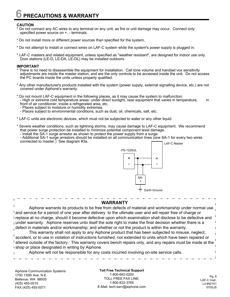 Precautions & warranty | Aiphone LAF-C CONSOLE MASTER LAF-20CA User Manual | Page 8 / 8