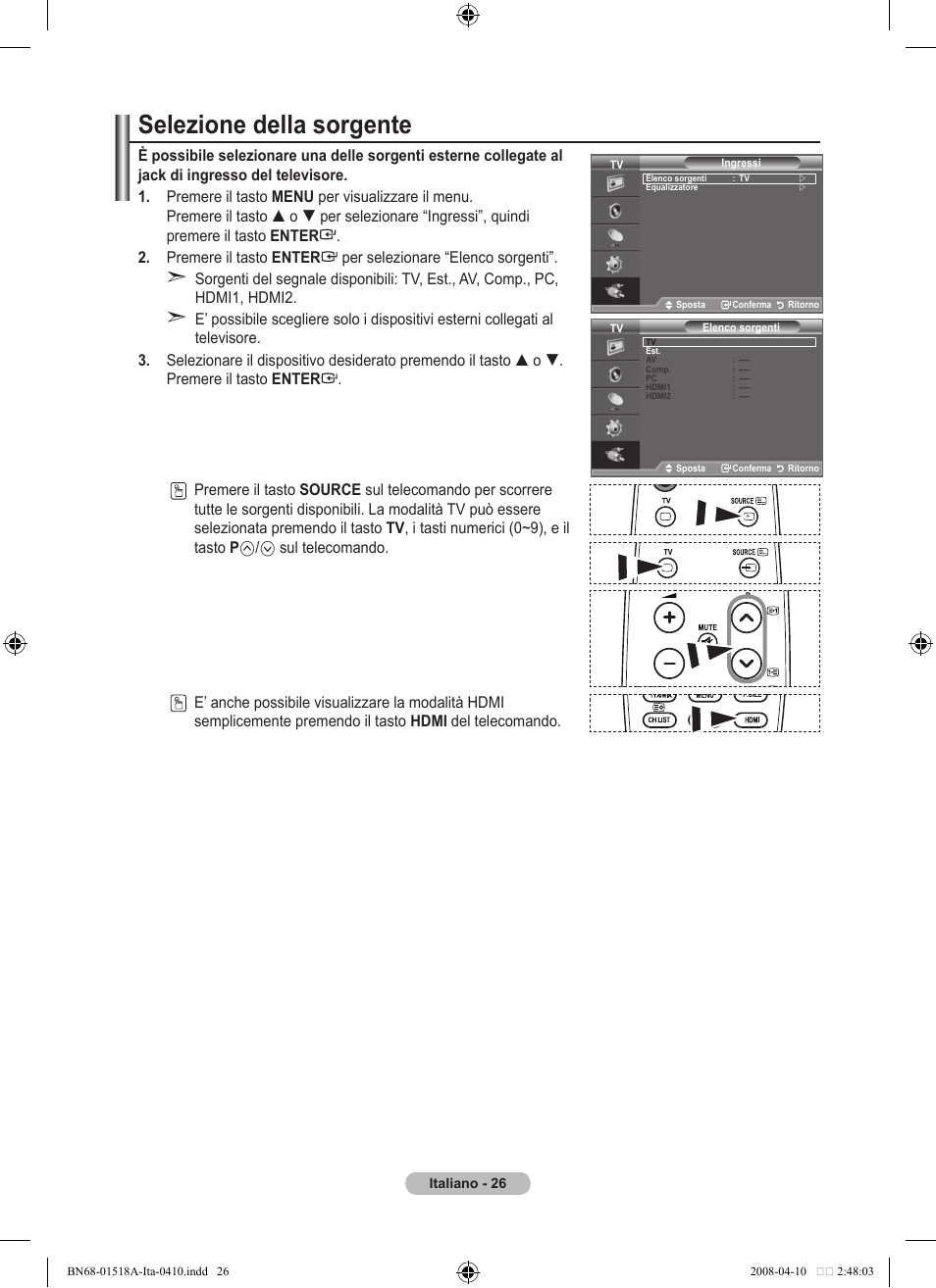 Selezione della sorgente | Samsung LE32A330J1N User Manual | Page 164 / 413