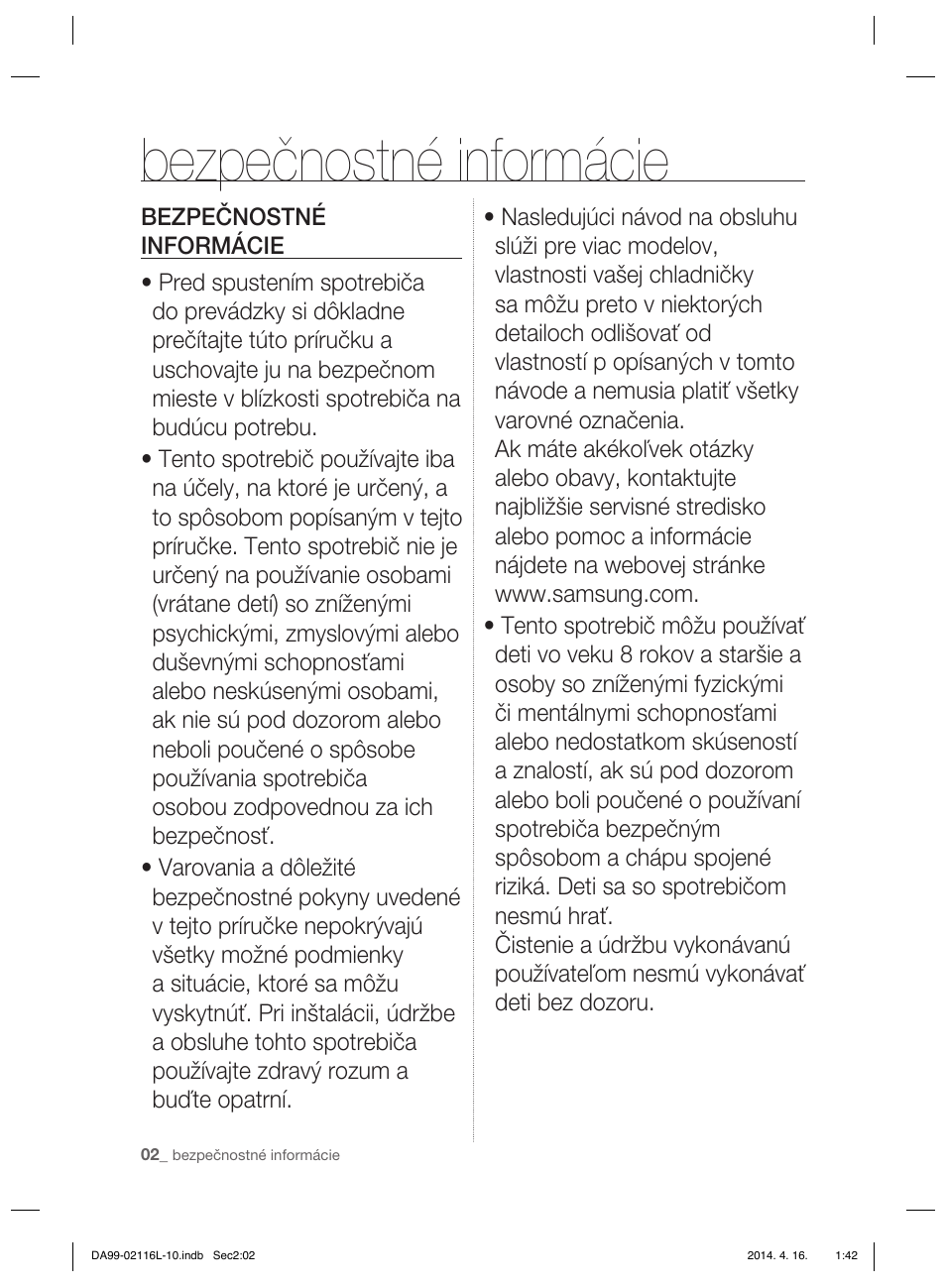 Bezpečnostné informácie | Samsung RL55VTEBG User Manual | Page 108 / 240