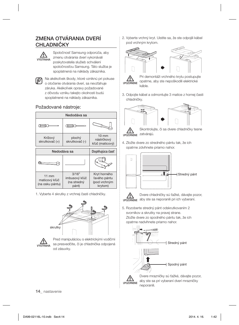 Zmena otvárania dverí chladničky, Požadované nástroje | Samsung RL55VTEBG User Manual | Page 120 / 240