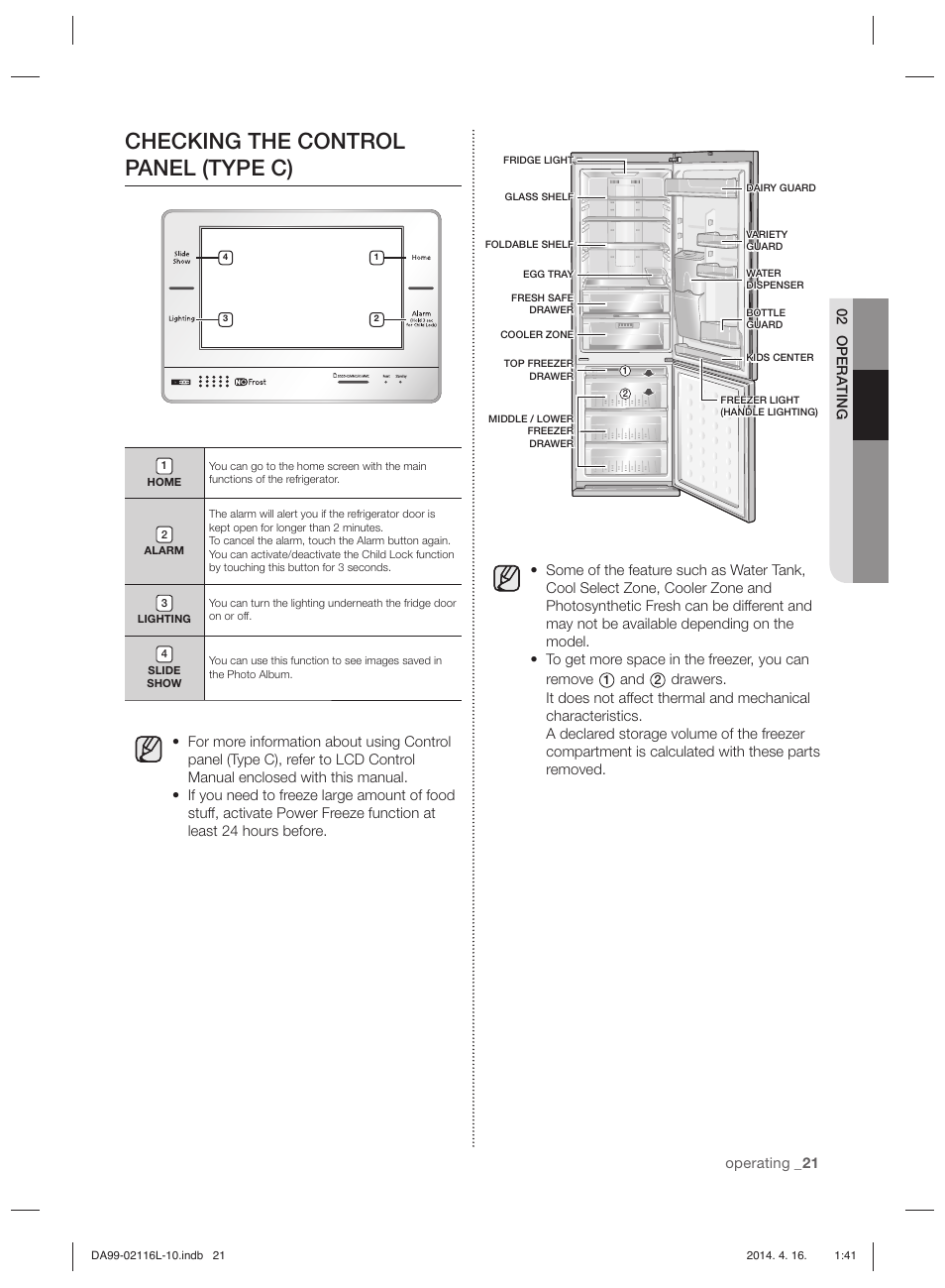 Checking the control panel (type c), Operating _21 02 opera ting | Samsung RL55VTEBG User Manual | Page 21 / 240