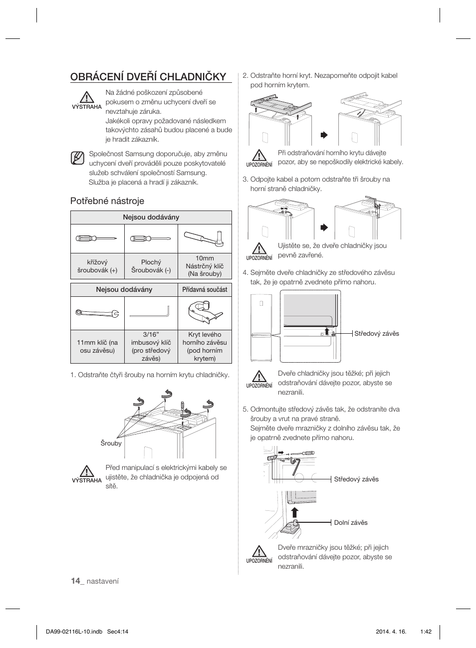 Obrácení dveří chladničky, Potřebné nástroje | Samsung RL55VTEBG User Manual | Page 94 / 240