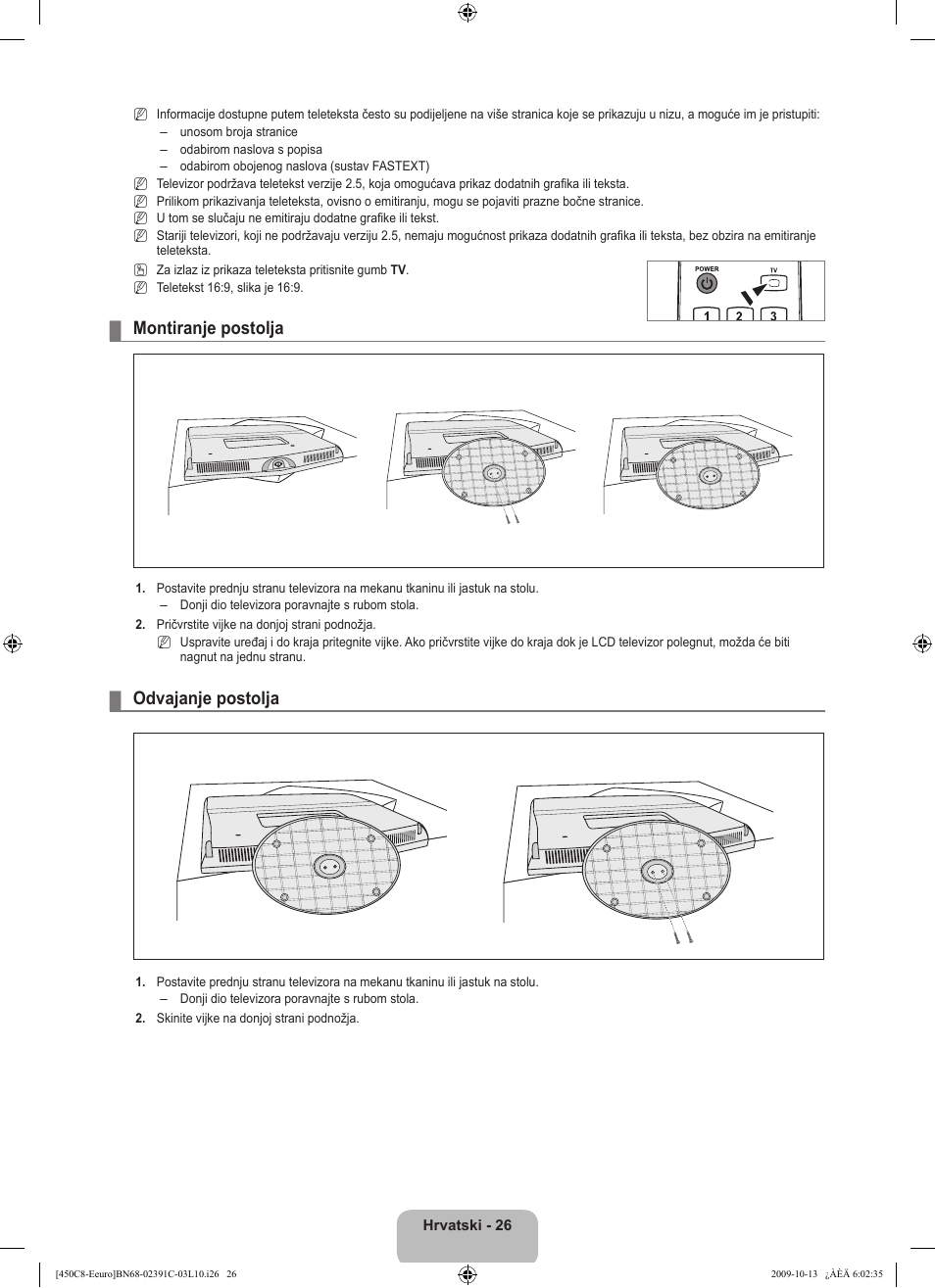 Montiranje postolja, Odvajanje postolja | Samsung LE22B450C8W User Manual | Page 198 / 348