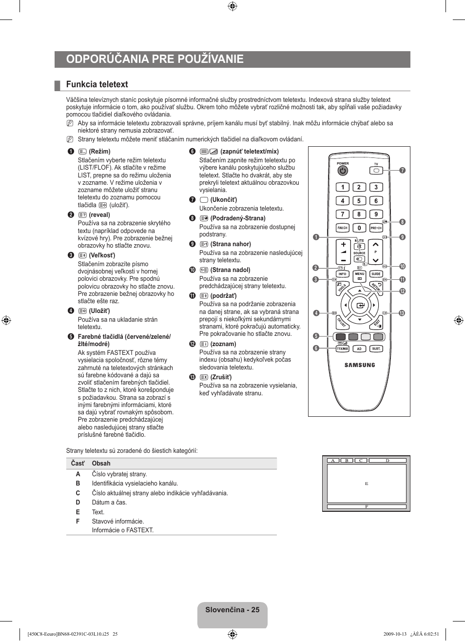 Odporúčania pre používanie, Funkcia teletext | Samsung LE22B450C8W User Manual | Page 265 / 348