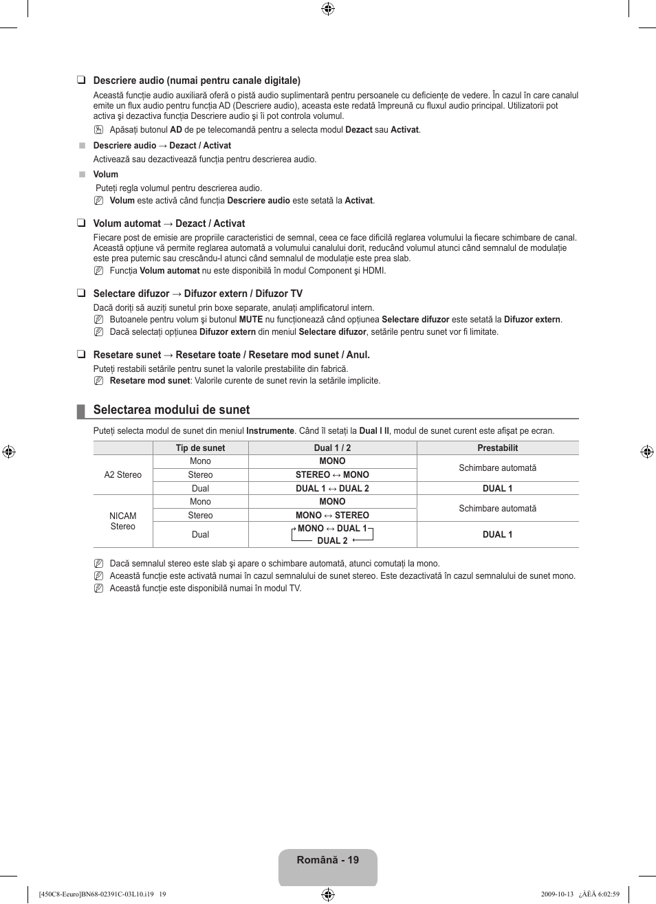 Selectarea modului de sunet | Samsung LE22B450C8W User Manual | Page 293 / 348