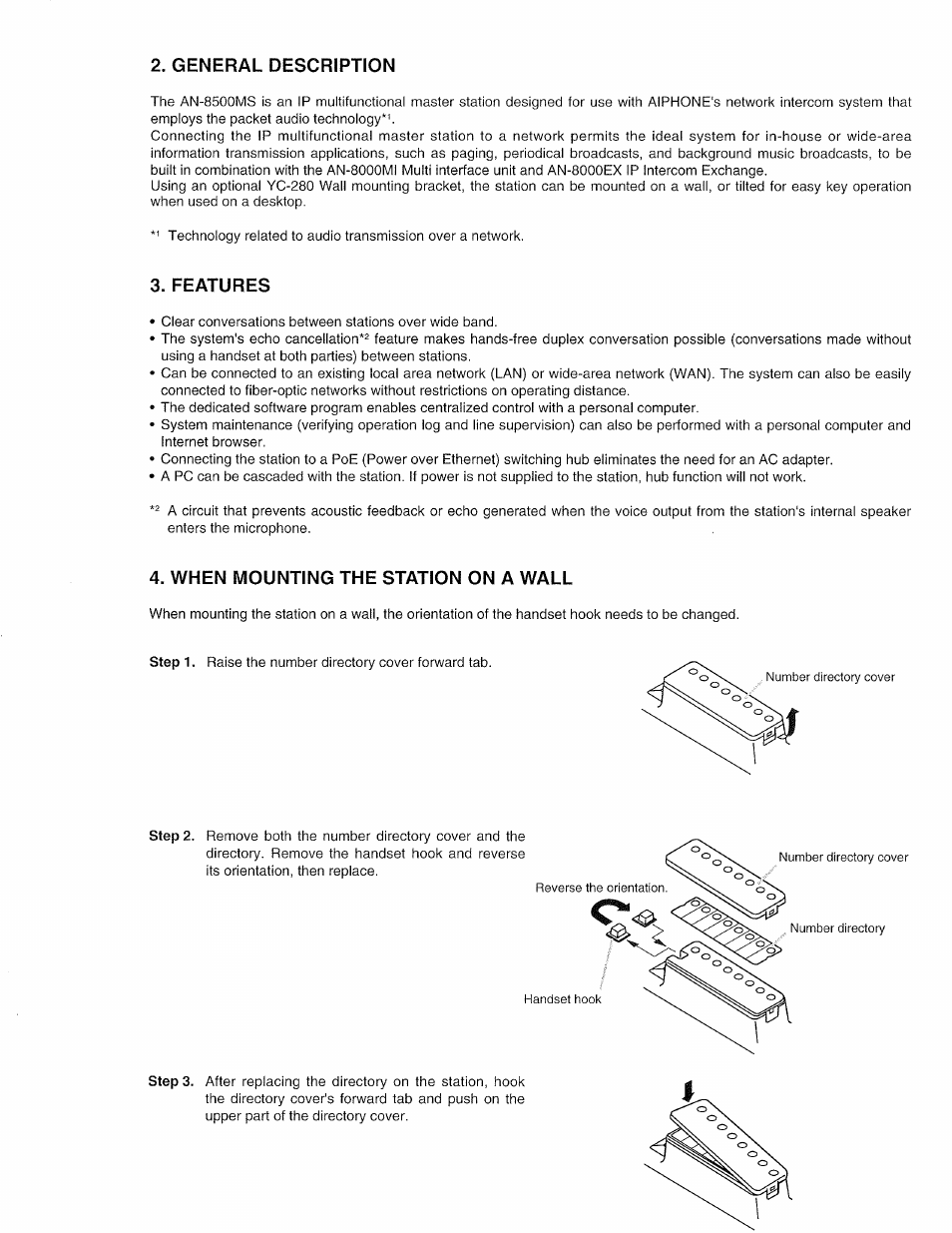 General description, Features, When mounting the station on a wall | Aiphone IP MULTIFUNCTIONAL MASTER STATION AN-8500MS User Manual | Page 2 / 4