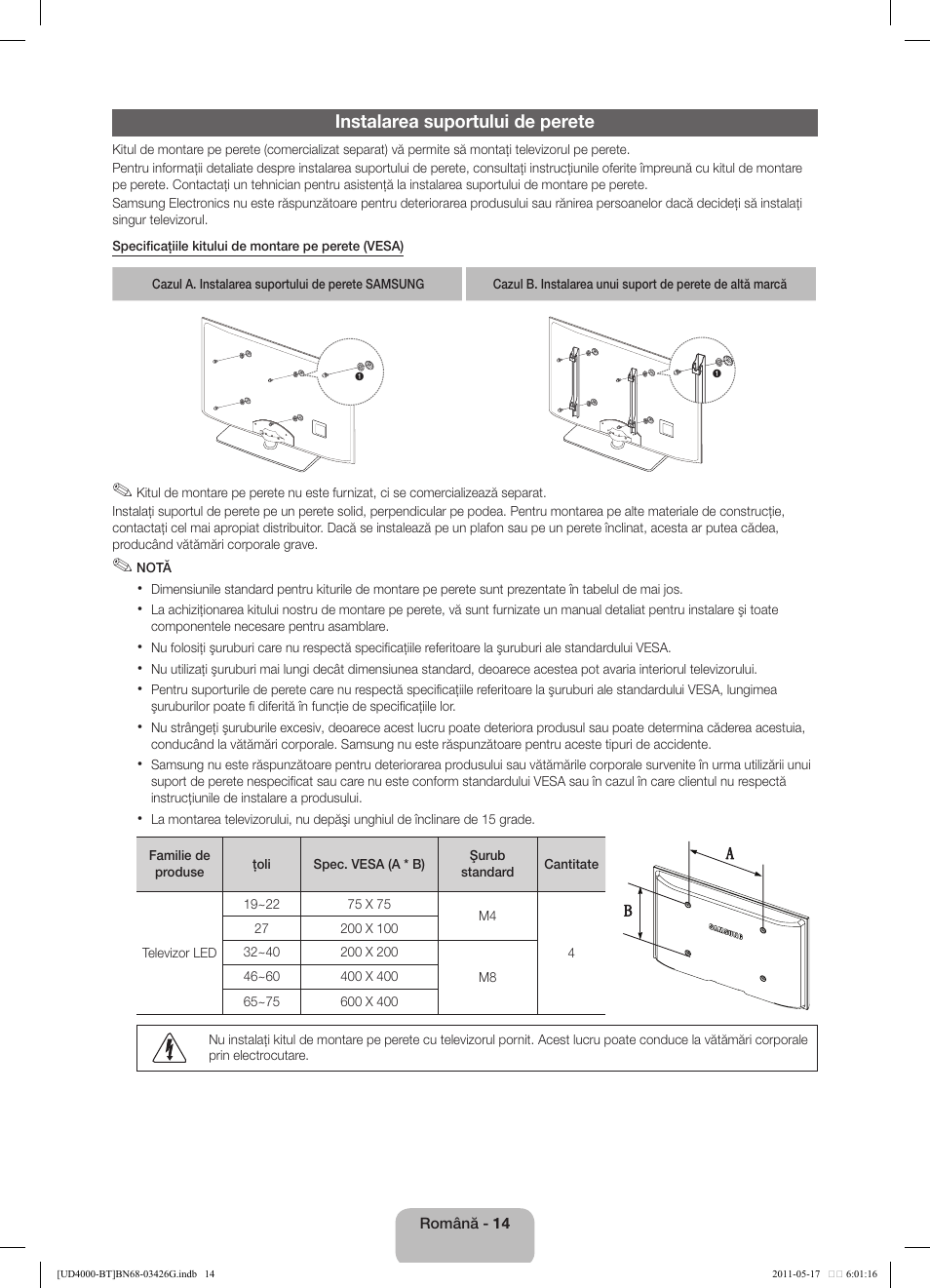 Instalarea suportului de perete | Samsung UE32D4000NW User Manual | Page 126 / 146