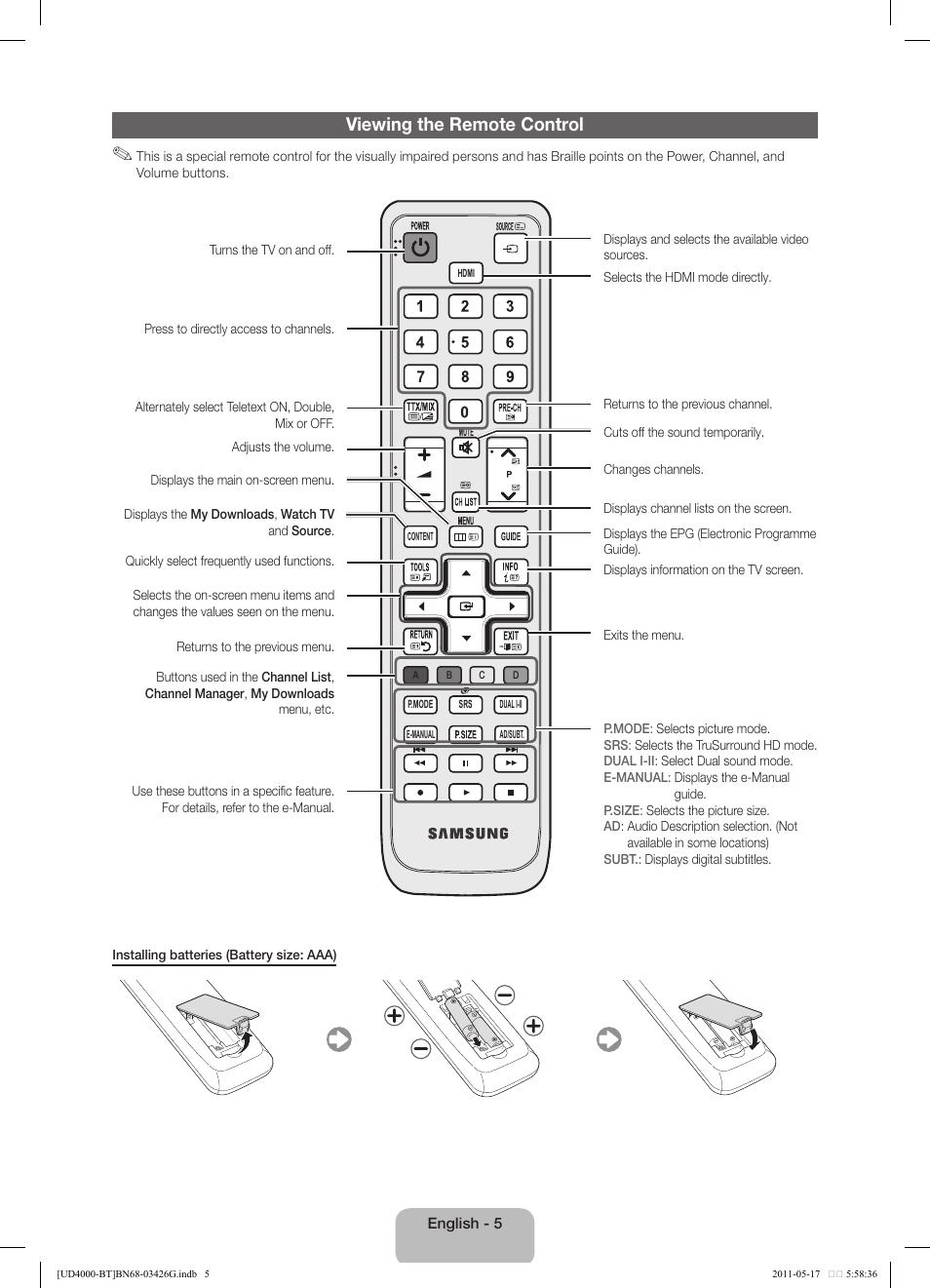 Viewing the remote control | Samsung UE32D4000NW User Manual | Page 5 / 146