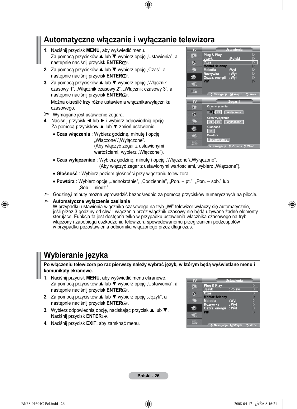 Automatyczne włączanie i wyłączanie telewizora, Wybieranie języka | Samsung LE37A616A3F User Manual | Page 164 / 614