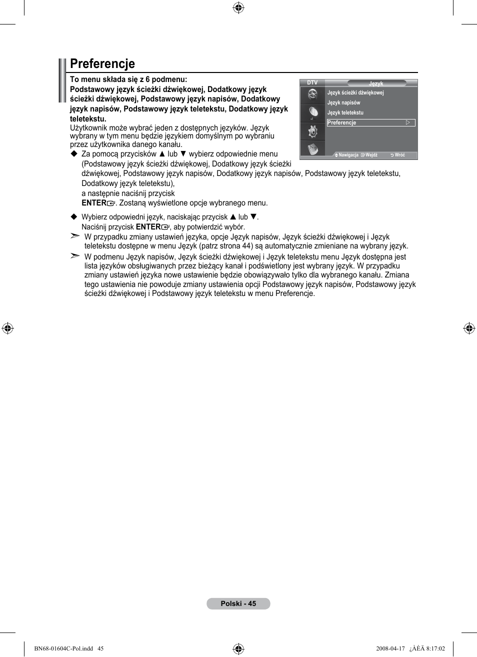 Preferencje | Samsung LE37A616A3F User Manual | Page 183 / 614
