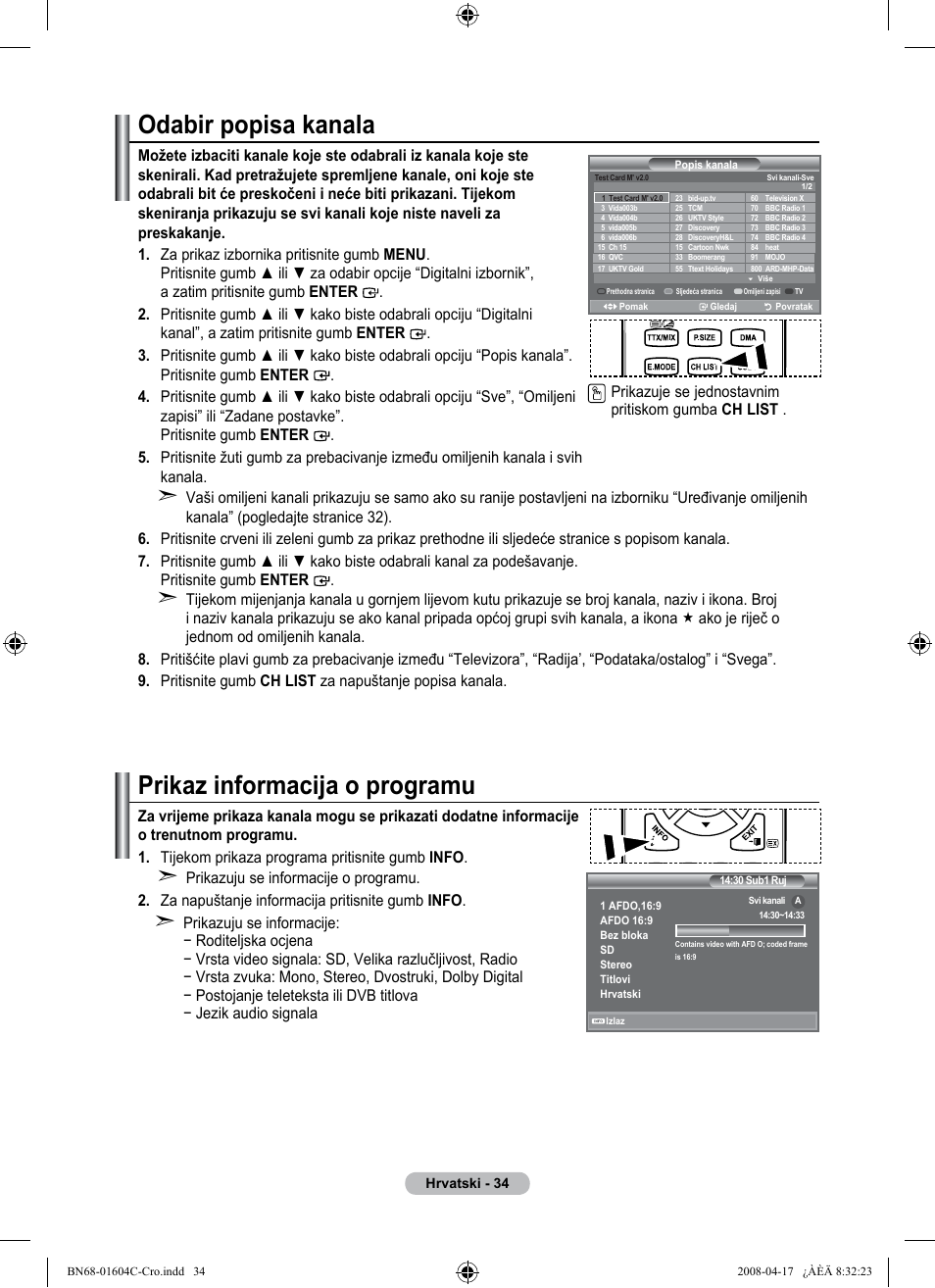 Odabir popisa kanala, Prikaz informacija o programu | Samsung LE37A616A3F User Manual | Page 376 / 614