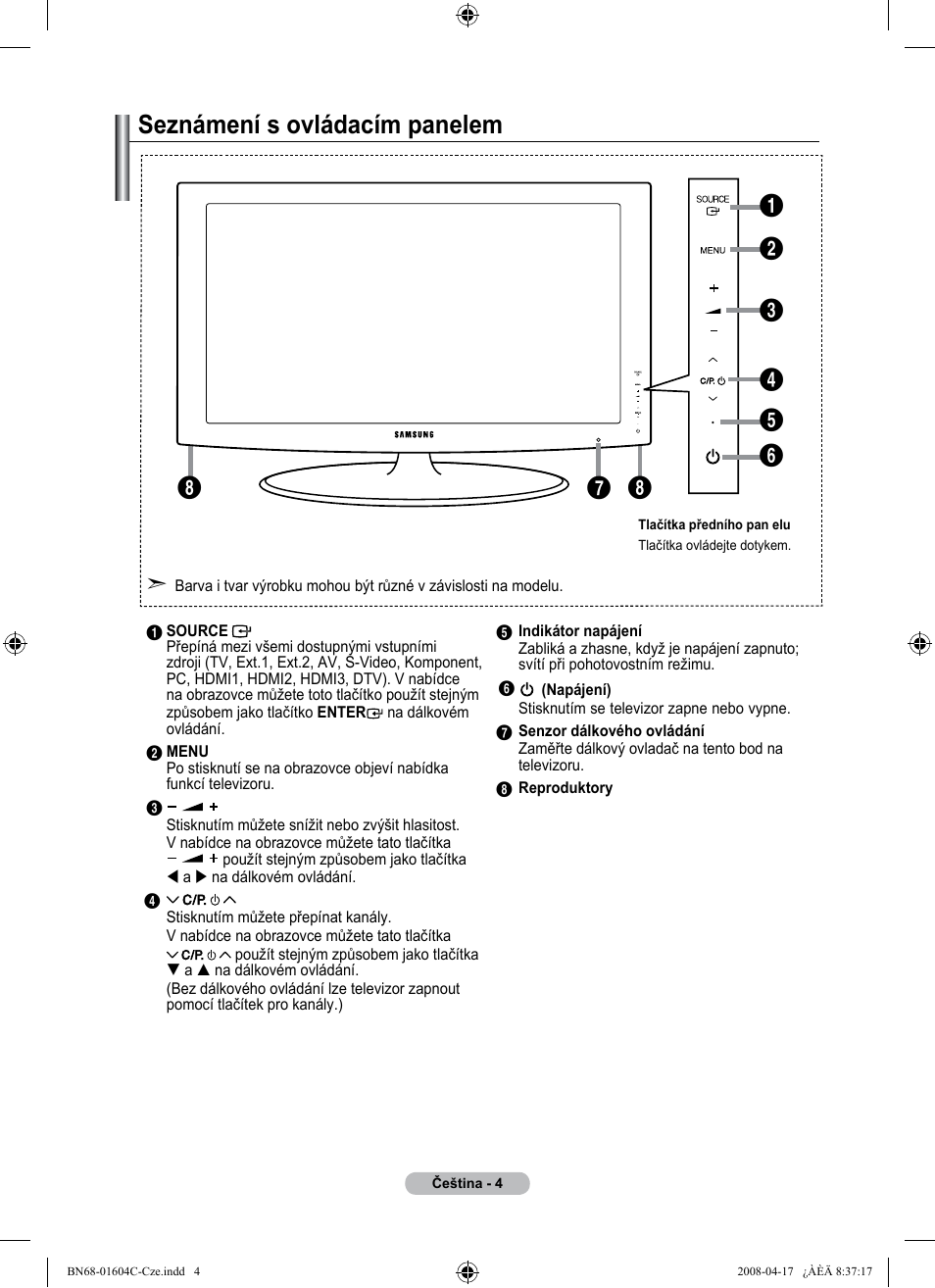 Seznámení s ovládacím panelem | Samsung LE37A616A3F User Manual | Page 414 / 614