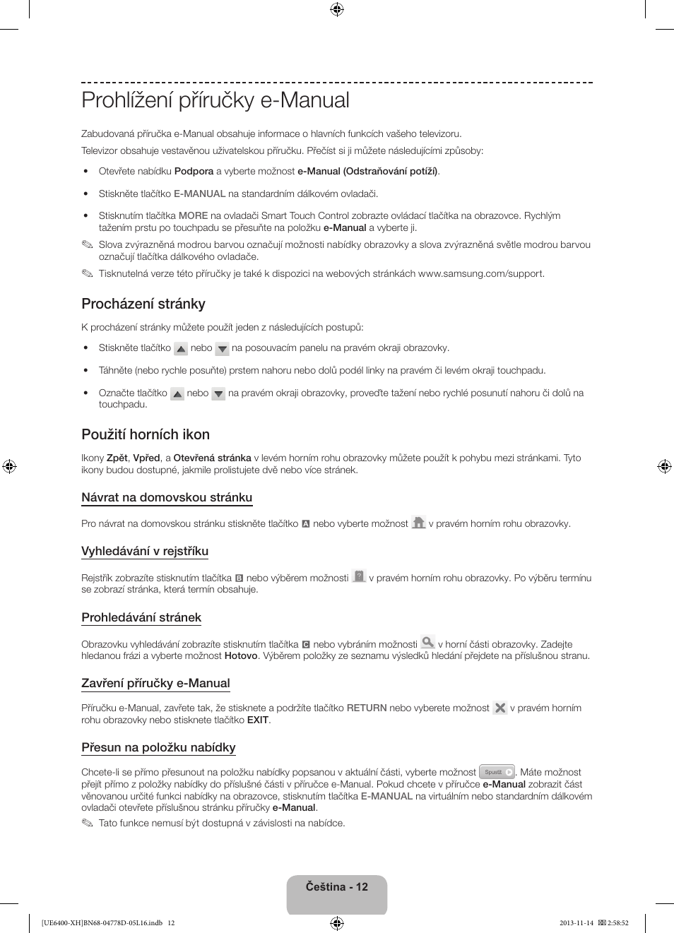 Prohlížení příručky e-manual, Procházení stránky, Použití horních ikon | Samsung UE40F6400AK User Manual | Page 156 / 385