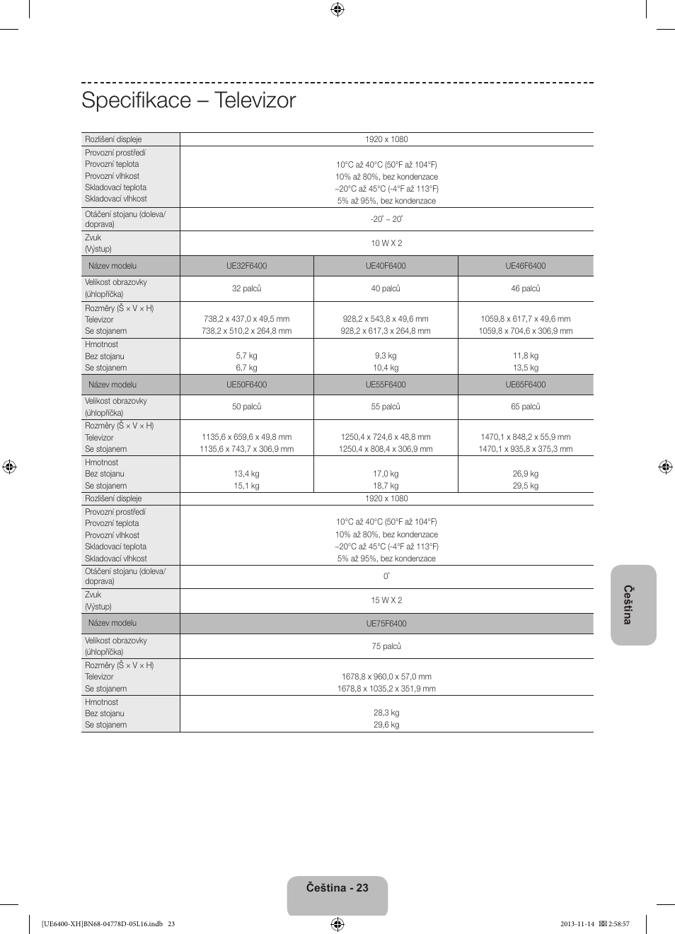 Specifikace – televizor | Samsung UE40F6400AK User Manual | Page 167 / 385